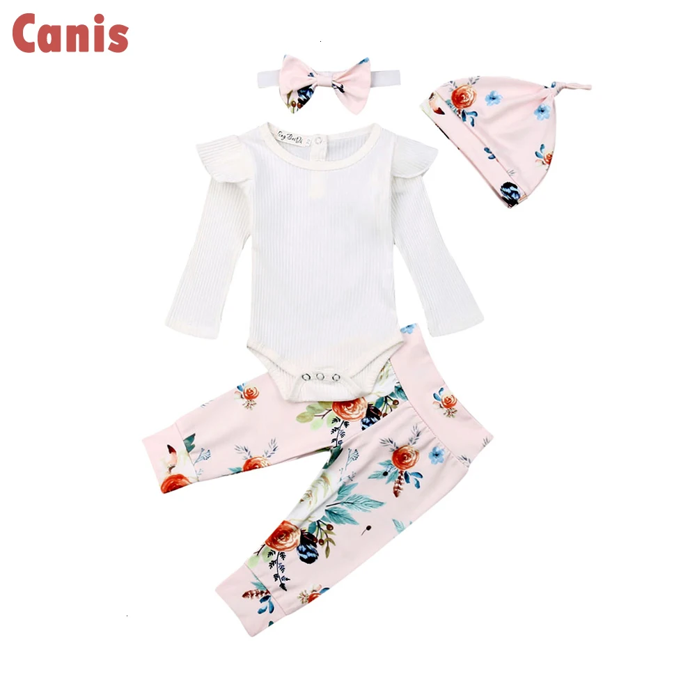 Комбинезон с цветочным рисунком для новорожденных девочек, штаны+ шапочка, повязка на голову, комплект одежды