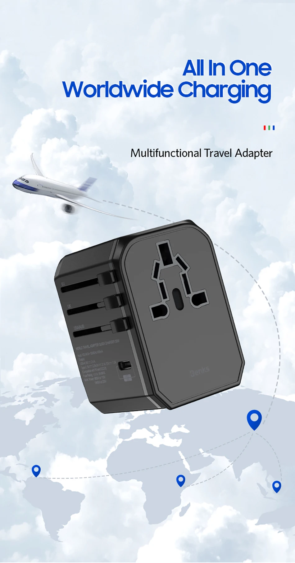 Benks 5.6A Quick Charge 3,0 USB Зарядное устройство Портативный Универсальный Мощность адаптером PD для быстрой зарядки Великобритании/ЕС/США/AU/американского стандарта штепсели для путешествий розетки