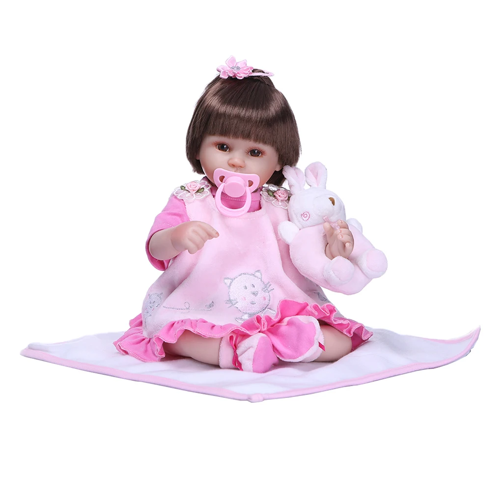 

Real Gentle Baby Reborn Doll with Pacifier Plush Toy and Carpet, Eco-friendly Silicone 16 Inch, Brown Eyes, Pink Skin Tone