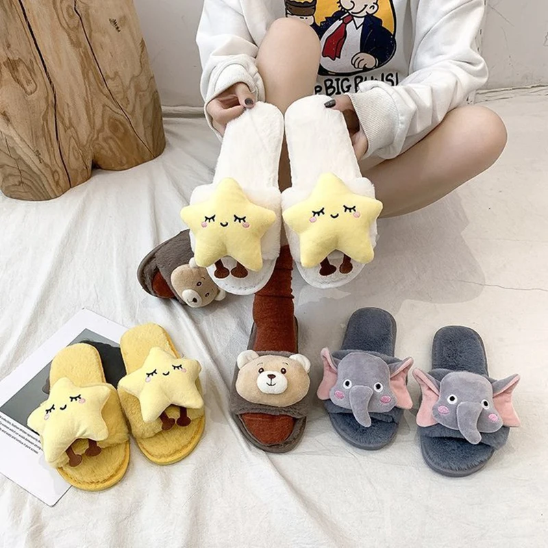

Furry Animal Slippers Women Cute Home Floor Cotton Slippers For Women Warm Winter Bedroom Fur Slides Ladies Shoes MTX78