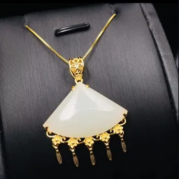 

925 Sterling Silver White HeTian Jade Carved Fan Shape Tassels Design Lucky Pendant + Chain Necklace Fine Jewelry Charm Gift