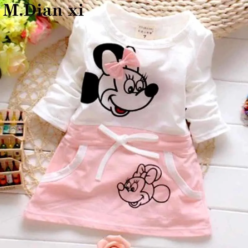 2021 New Hot Fashion Cute Minnie Stitching Dress Pure cotton Long Sleeve Female Baby Cartoon Print Mini Knee