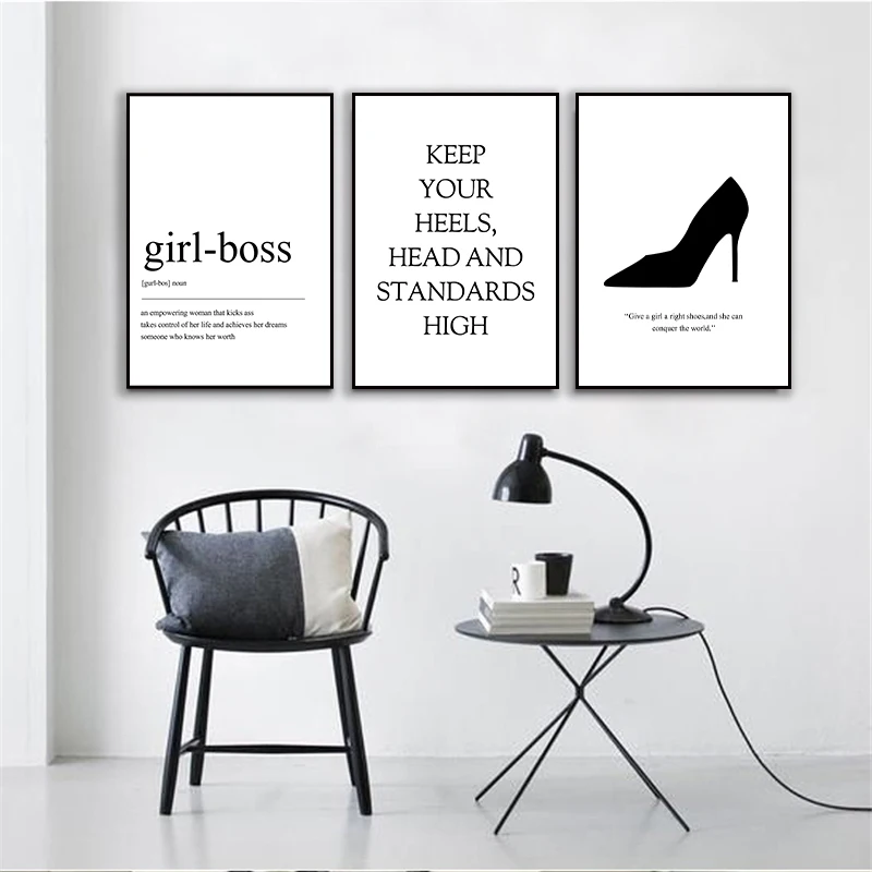 Nordic-Black-And-White-Girl-Boss-High-Heel-Canvas-Painting-Poster-Print-Living-Room-Bedroom-Wall