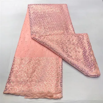 

New Africa Tulle Lace Fabric High Quality Africa velvet Lace With Sequins Fabric Nigeria Mesh Fabric Used for party dresses pink