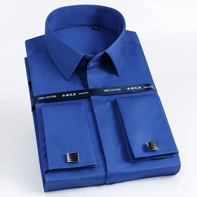 navy blue Высокое качество мужские французские запонки рубашка Slim Fit хлопковая рубашка мужские деловые костюмы с длинными рукавами свадебные рубашки для вечеринок - Цвет: navy blue