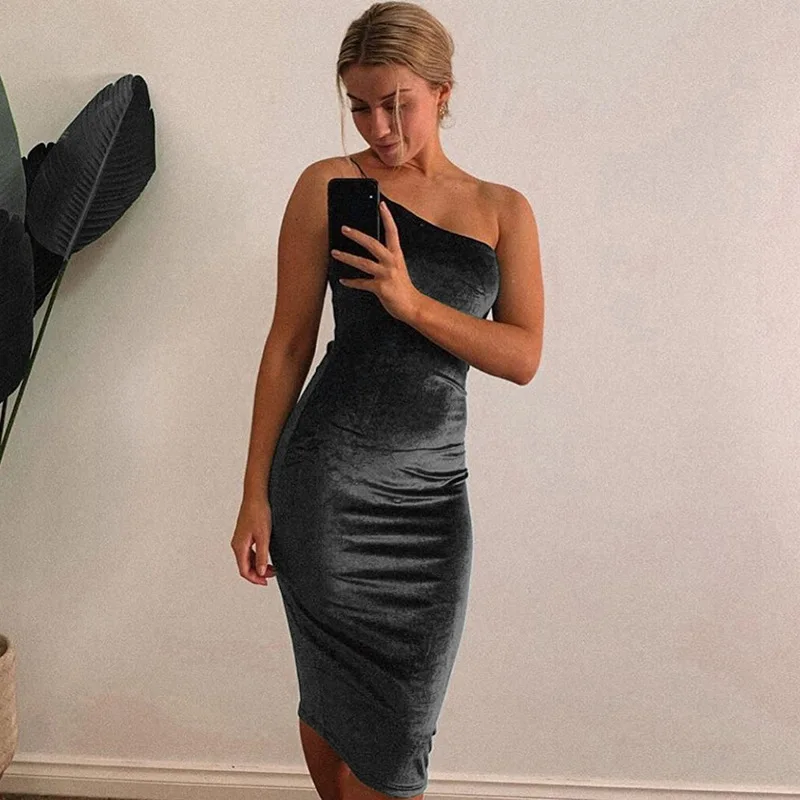 Bodycon одно плечо платье партии зеленый черный без рукавов ночной клуб платье