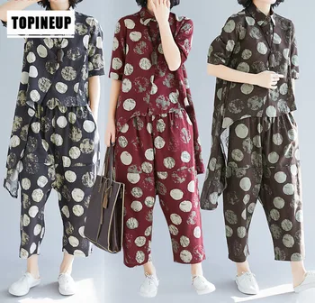 

Casual Elegant Polka Dot print Short sleeve Women cotton Blouses + ankle-length pants 2 PIECES outfits