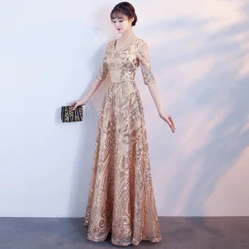 

Elegant Champagne Lady Qipao Formal Party Dress Exquisite Sequins Mesh Robe De Soiree Hlaf Sleeve Full Length Vestidos De Festa