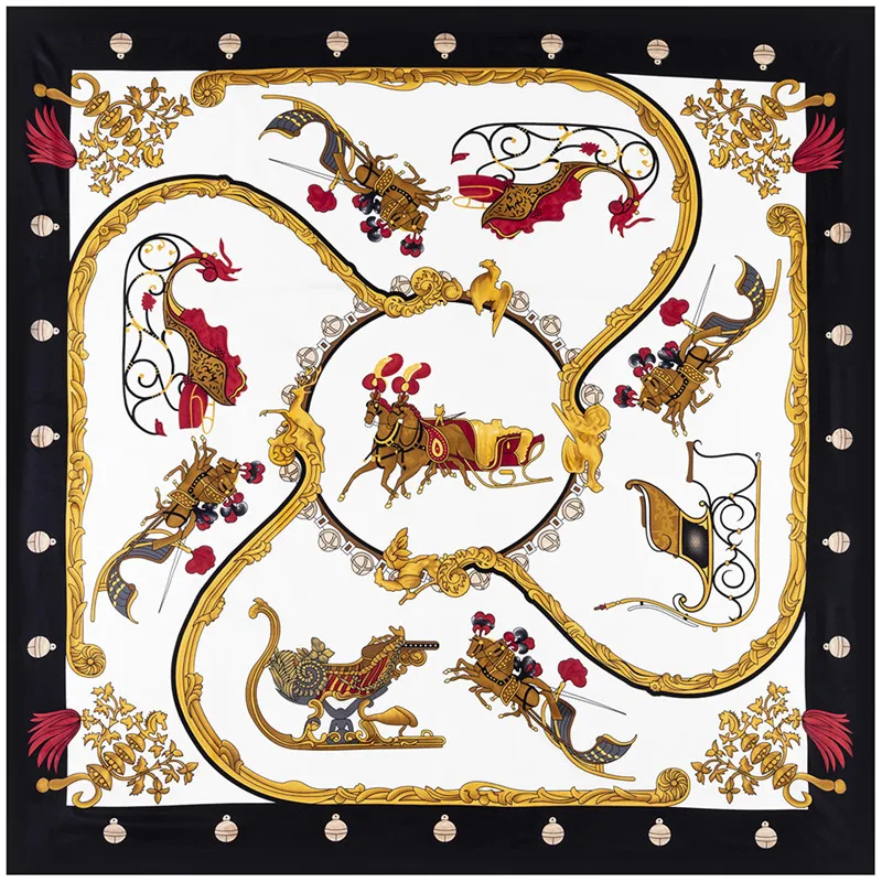 

POBING 100% Silk Scarf Women Large Shawls Horse Carriage Stoles Square Bandana Luxury Kerchief Hijab Scarf Female Foulards 130CM