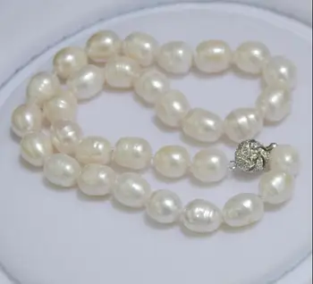 

9x10mm white oval rice pearl necklace rhinestone clasp baroque natural Freshwater PEARL Women Jewelry 35cm 43cm 15'' 17''