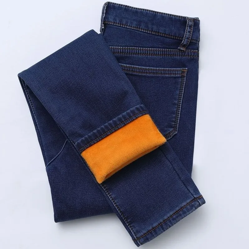 Winter high waist jeans women Thick warm stretch skinny pencil pants Female Simple casual black plus size trousers