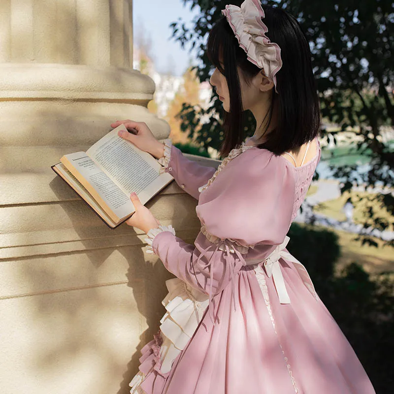 Милое Платье в стиле Лолиты; розовое платье Kawaii; сезон осень-зима; женское винтажное платье принцессы с длинными рукавами и оборками; платья для костюмированной вечеринки в стиле Лолиты