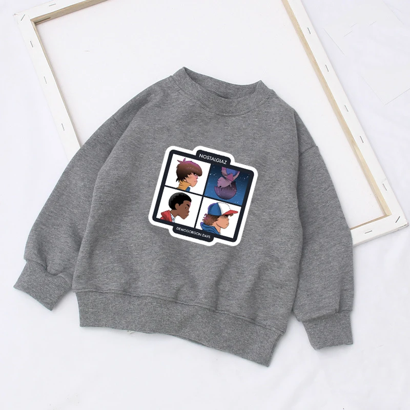 kids hoodies 1 Футболки с принтом «странные вещи»; детская одежда с капюшоном; сезон весна-осень; детские серые толстовки; топы с длинными рукавами для маленьких мальчиков и девочек - Цвет: kids hoodies 1