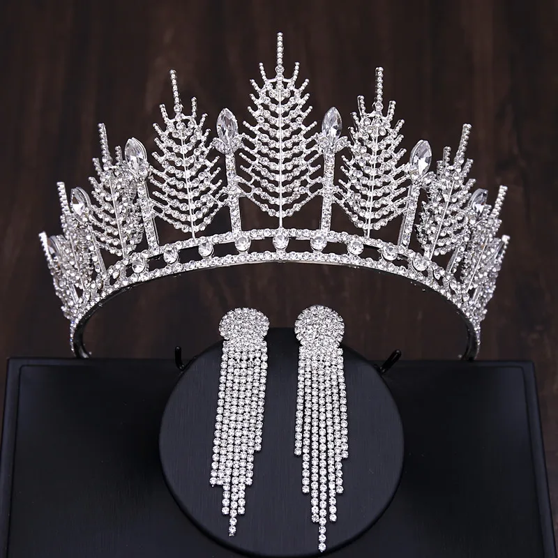 Baroque Luxury Silver Color Crystal Bridal Tiaras Crown With Earrings Rhinestone Pageant Diadem Wedding Hair Accessories Bijoux jewelry accessories jewelry set hair accessory hair headdress bridal headwear hair band crown