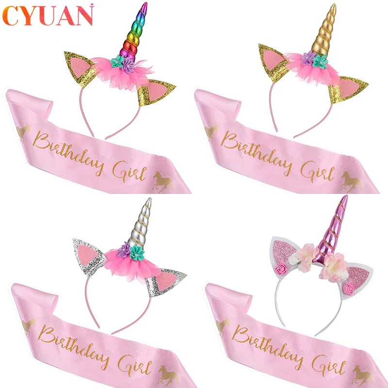 

Birthday Party Decoration Unicorn Headband with Sash Baby Shower Girl 1st 2nd Birthday Party Decorations Unicorn Party Supplies