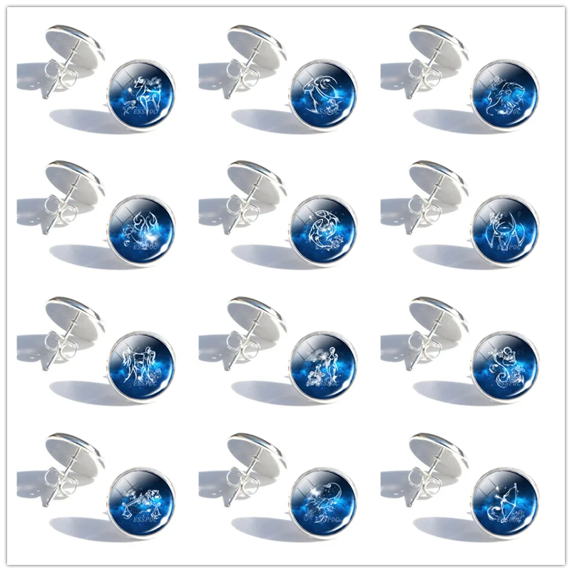 

Women Silver 12 Constellations Stud Earrings Scorpio Gemini Leo Taurus Virgo Libra Glass Dome Earrings for Mom Birthday Gift