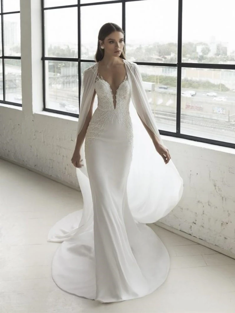 2020 Moderne Mermaid Wedding Jurk Met Cape Chiffon Wrap Sparkly Lace Trompet Chic Bruidsjurken Vestido De Noiva Custom Made 2020 Moderne Mermaid Wedding Jurk Met Cape Chiffon Wrap Sparkly Lace Trompet Chic Bruidsjurken Vestido De Noiva Custom Made