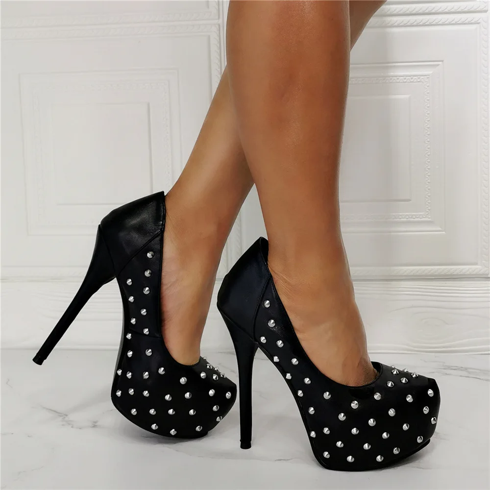 Kolnoo New Handmade Womens High Heels Pumps Rivets Spike Platform Evening Party Dress Shoes Large Size Fashion Black Court Shoes
