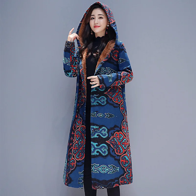 

8235 Photo Shoot 2019 Autumn And Winter Cotton Linen Brushed And Thick Warm Cotton-padded Clothes Hooded Floral-Print Middle Lon