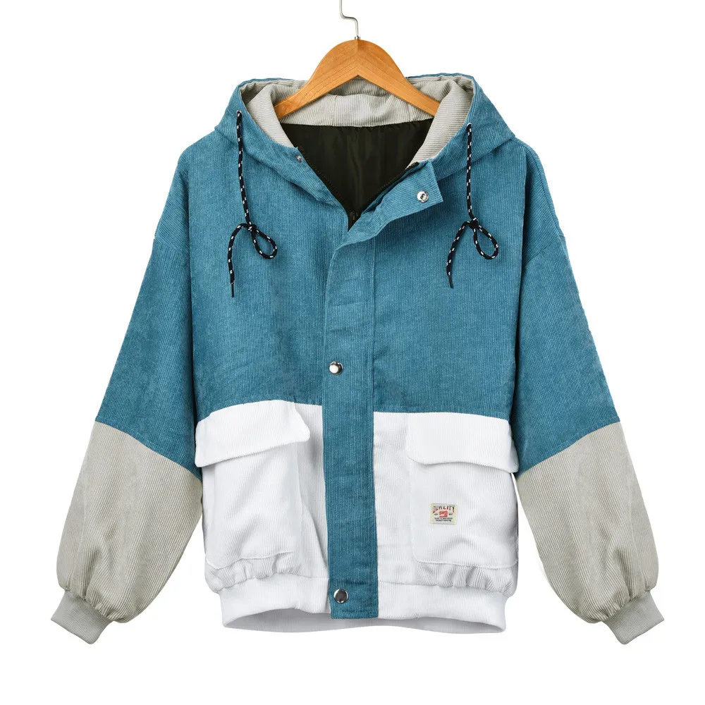 

2019 Women jacket Long Sleeve Corduroy Patchwork Thin Skinsuits Windbreaker Hooded Women's Jackets Coats chaquetas mujer