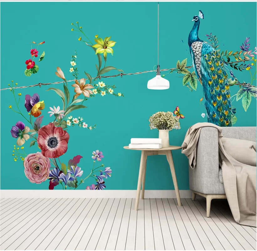 New Chinese hand-painted flowers peacock TV background wall custom wallpaper 8D waterproof wall covering