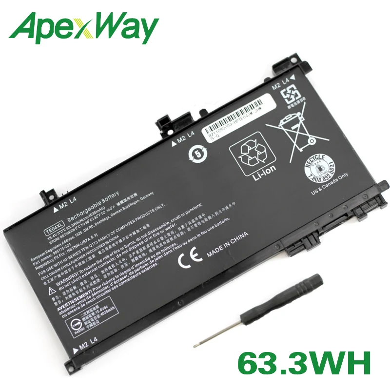 

ApexWay TE04XL 15.4V 63.3WH laptop battery HSTNN-DB7T 905175-2C1 for HP OMEN/Pavilion 15 TPN-Q173