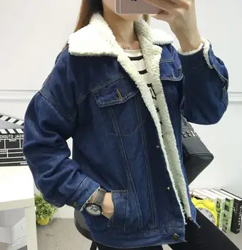 

Autumn and winter Korean version of the large size thickening lamb hair denim jacket plus velvet warm short cotton coat women
