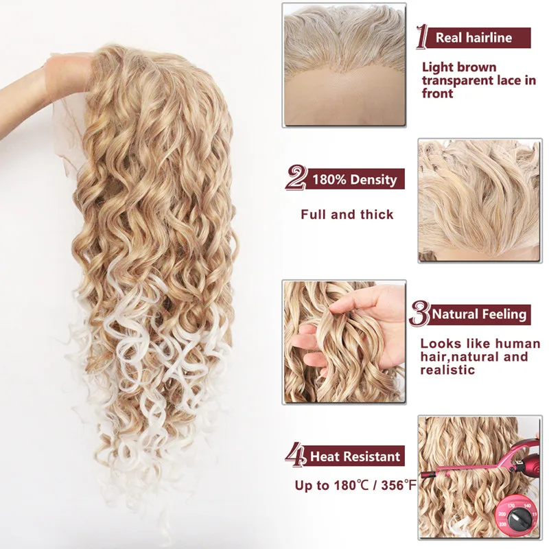 Ebingoo Hair cap+ высокотемпературное волокно натуральный длинный кудрявый платиновый блонд синтетический парик на кружеве с бесплатной частью