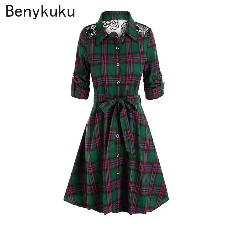 

Женское винтажное платье-рубашка с поясом, зеленое клетчатое кружевное платье контрастных цветов с отложным воротником и длинным рукавом