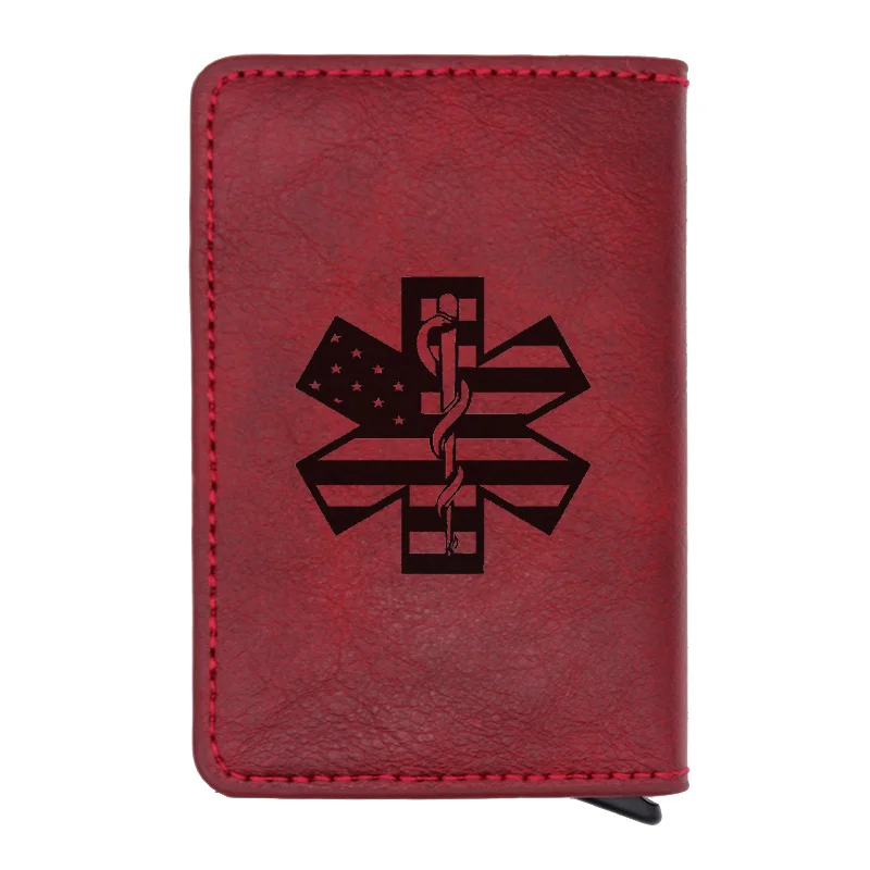 

Laser Engraving American Flag EMT Emergency Medical Technician Rfid Card Holder Men Women Wallet Red Leather Slim Small Wallets