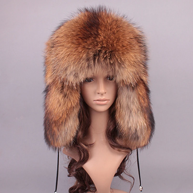 

Natural Fur Ladies Raccoon Fur Hat Winter Luxury And Charming Authentic Ear Protection Ski Plane Cap 2021 New Product