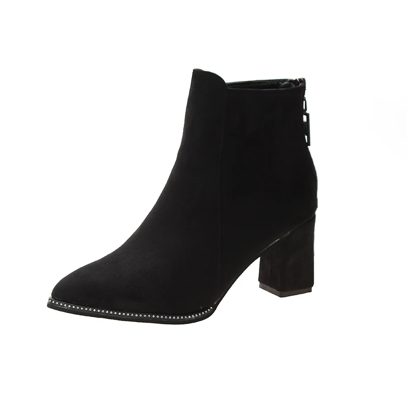 Black suede Г., новые удобные замшевые ботильоны на молнии Женская весенняя обувь фиолетового цвета, Женская офисная обувь под платье - Цвет: Black suede