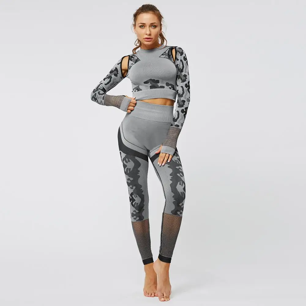 Женский бесшовный комплект пуш-ап для йоги, камуфляжный принт, с длинными рукавами, бюстгальтер для йоги, рубашка с высокой талией, спортивные Леггинсы, супер эластичный спортивный костюм для фитнеса - Цвет: Gray Yoga Suit