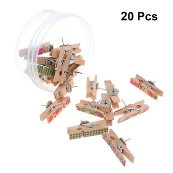 

20pcs Wooden Clips with Push Pins Pattern Decorative Clips Pushpins Tacks Thumbtacks for Notes Photos Boards Craft Projects