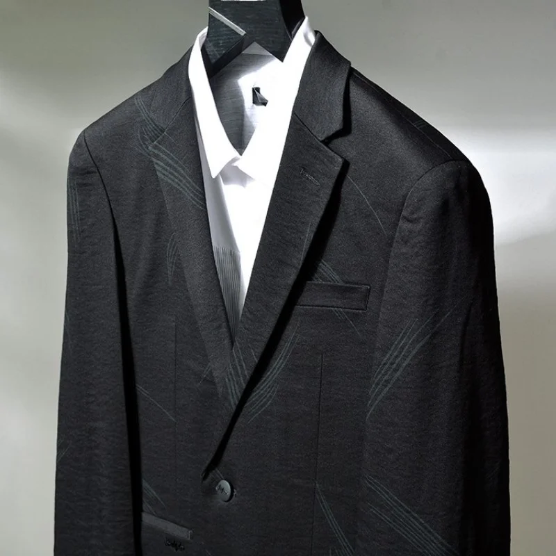 

Мужской однобортный Блейзер, черный деловой пиджак с принтом, отложным воротником и длинными рукавами, повседневный жакет для осени и весны