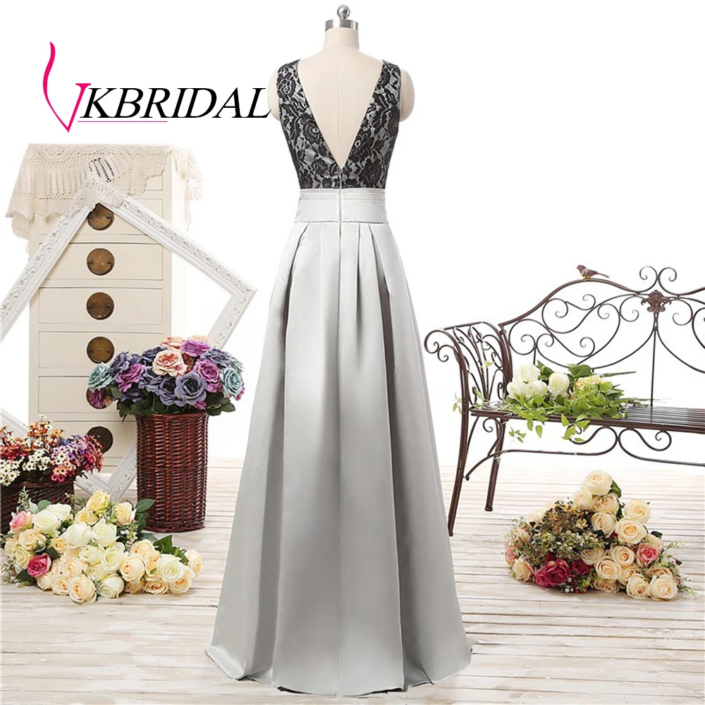 VKBRIDAL серебряные атласные платья свидетельницы Черный Кружевной корсаж с открытой спиной Длинные свадебные вечерние платья для гостей