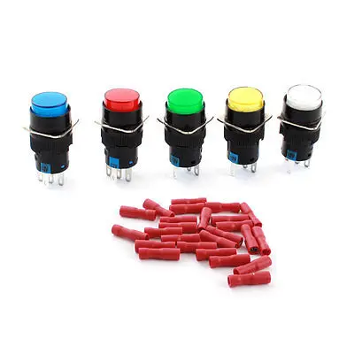 

5 x DC12V Assorted Color Lamp SPDT Momentary Pushbutton Switch 16mm w Connectors