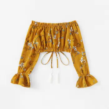 

2020 Womens Off Shoulder Floral Print Spring Summer Women Short T-shirts High Street Bownot Long Lantern Sleeve Tee Crop Tops