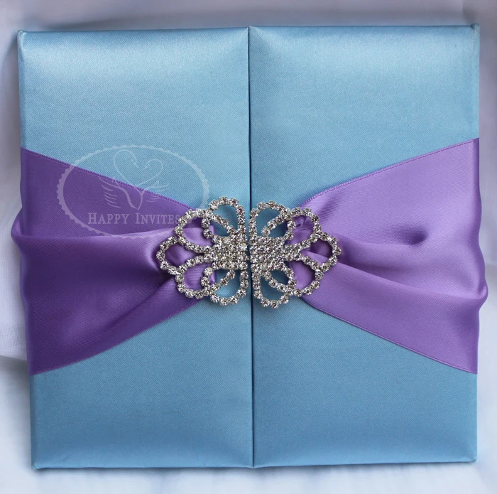 HI2003-40 Custom Light Blue Silk Folio Wedding Invitation with Purple ribbon Silver Foiling Writing More Colors Available Factory Price