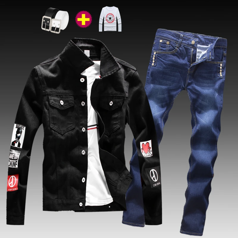 Модная мужская вареная джинсовая куртка, джинсы, штаны комплект из 2 предметов, пальто с длинными рукавами и аппликацией Повседневная приталенная Одежда для мальчиков S-XXXL-осень, E21