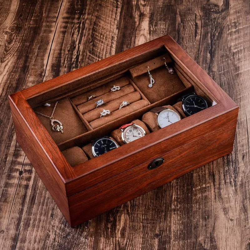 

High-Grade Vintage Wood Jewelry Box Necklace Ring Bracelet Jewelry Storage Box Double Layer with Lock Yellow Interior