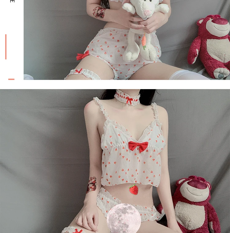 Lovely Sexy Pajama Sweet Strawberry Print Lingerie Set Uniforms School Girl Kawaii Anime Cosplay Bowknot Pajamas with Choker