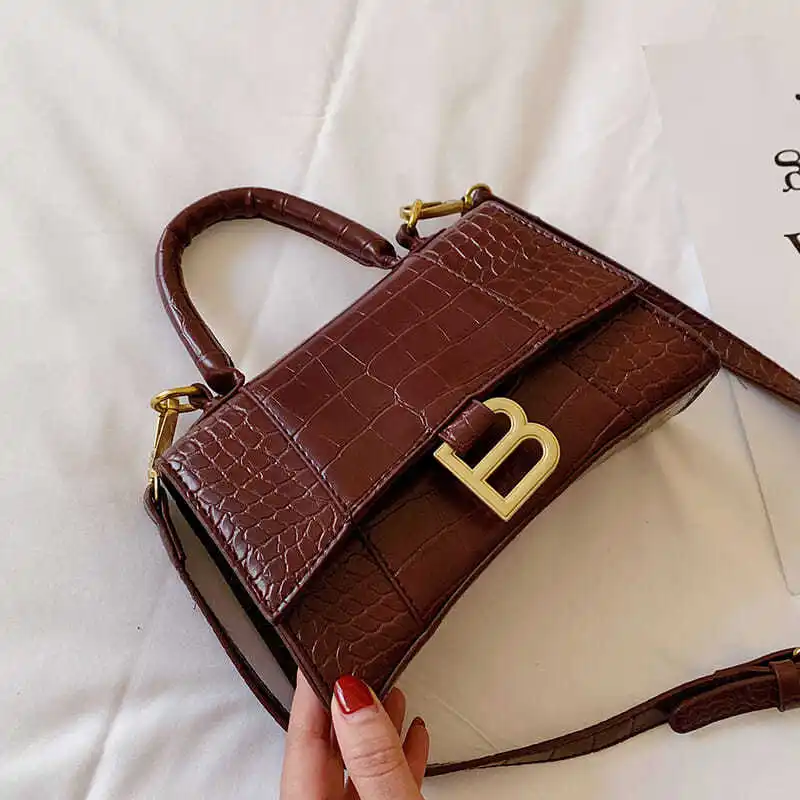 Bolso de mano de lujo suave con asa superior para mujer, bolsa de mano de piel de cocodrilo y reloj de arena, marca B de Metal, bolsas de mensajero de hombro