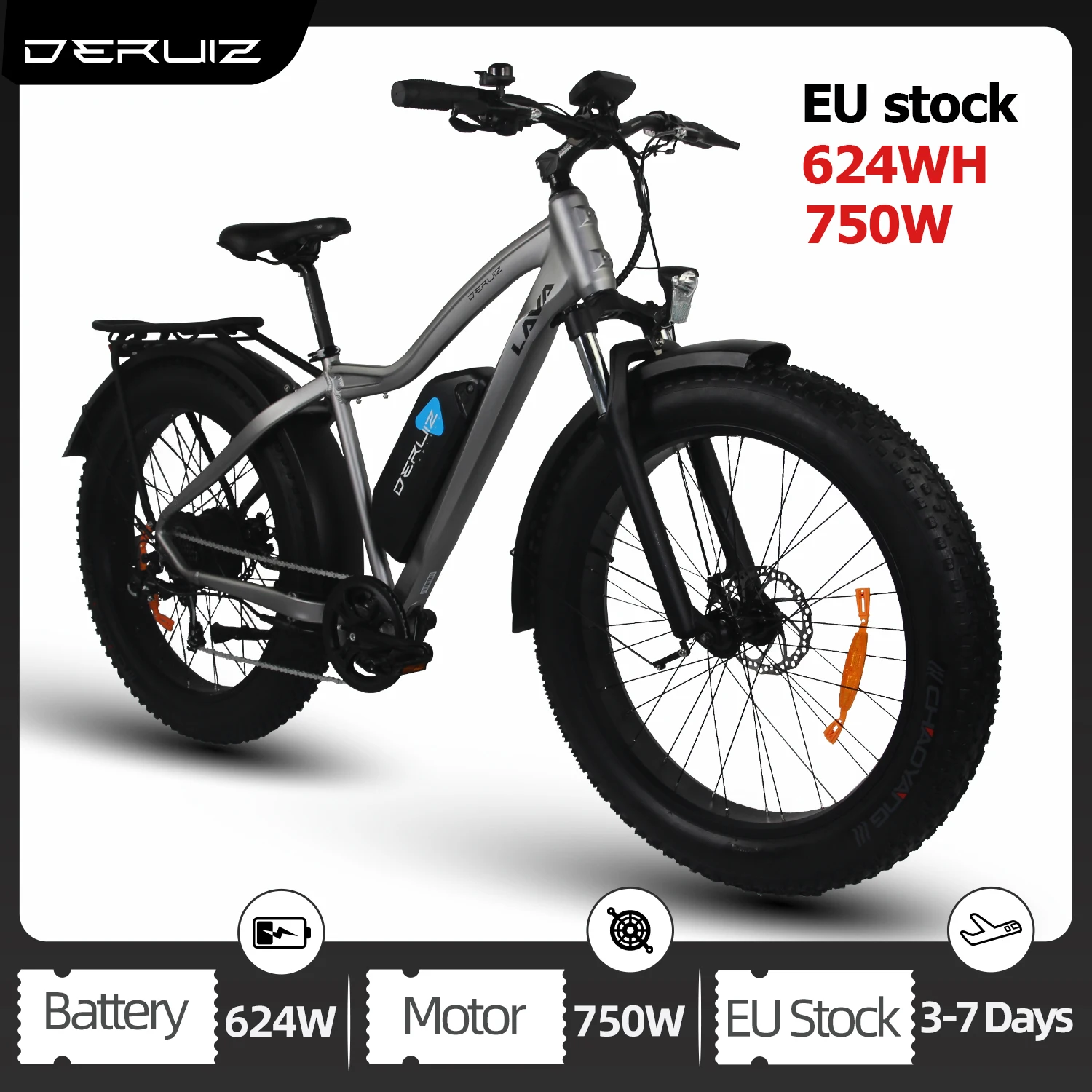 DERUIZ LAVA 26 inch Electric Bike Snow Bicycle 48V 750W 624WH Full Terrain Fat Tire E-Bike Li-ion Battery Powerful Ebike for Men | Спорт и