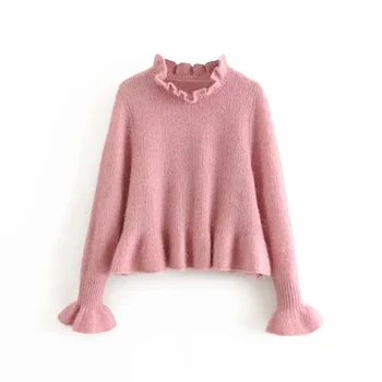 

Za women's new fall 2019 vertical collar horn long sleeve laminated decoration Alpaca Ruffle sweater 00837104620