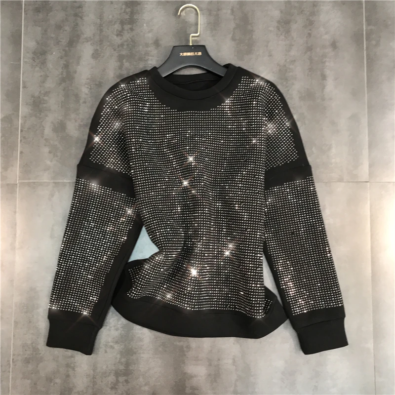 

New round collar heavy diamond drills very shiny joker space cotton long sleeve dress