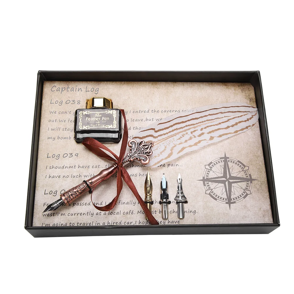 

New Feather Dip Pen Retro Classical Dip Pen Set Fountain Pens With Replacement Nib And Ink Bottle Stationery Gift Birthday Box