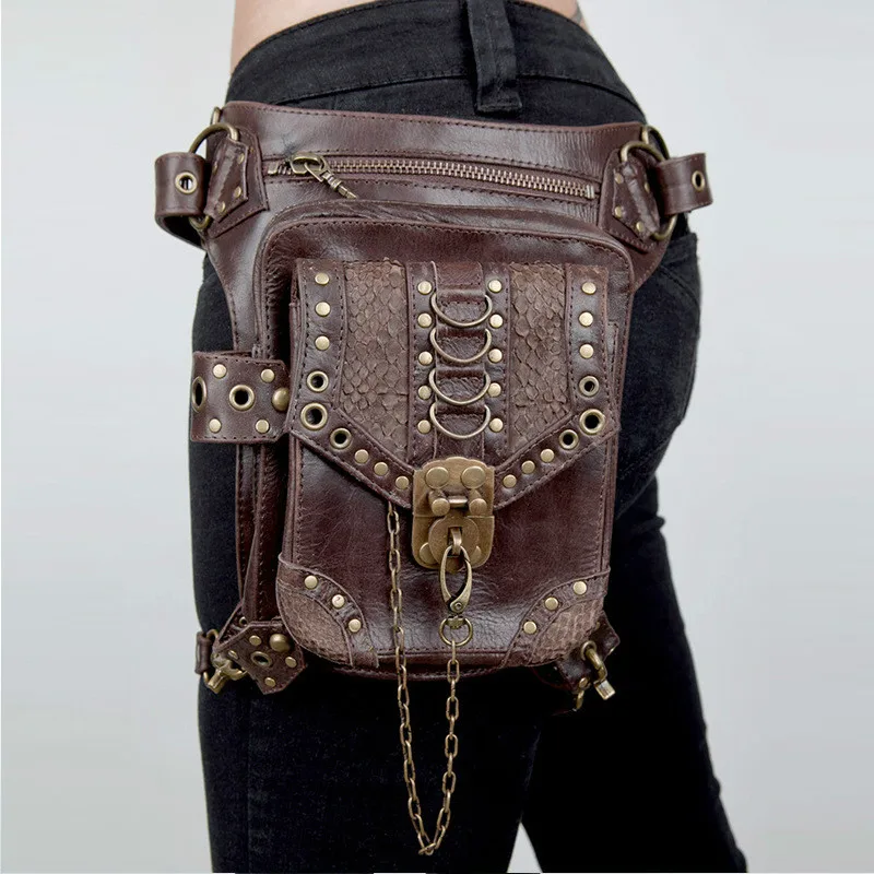 

SteamPunk Leather Waist Bag Retro Brown Messenger Crossbody Bag Rock Men Women Gothic Fanny Packs Fashion Motorcycle Leg Bag