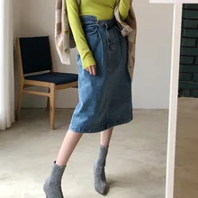 Джинсовая юбка с поясом на талии, женская тонкая юбка средней длины, прямые свободные уличные юбки, женские джинсовые юбки с карманами, весенне-летняя юбка