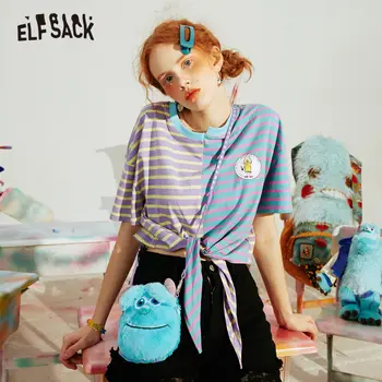 

ELFSACK Purple Striped Patchwork Lace Up Casual Women Harajuku T-Shirts 2020 ELF Summer Monster Print Ladies Korean Daily Top